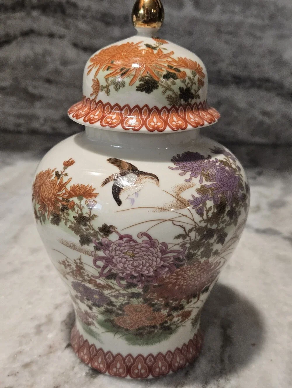 Hand-Painted Orange & Lavender Floral Ginger Jar with Gold-Tipped Lid